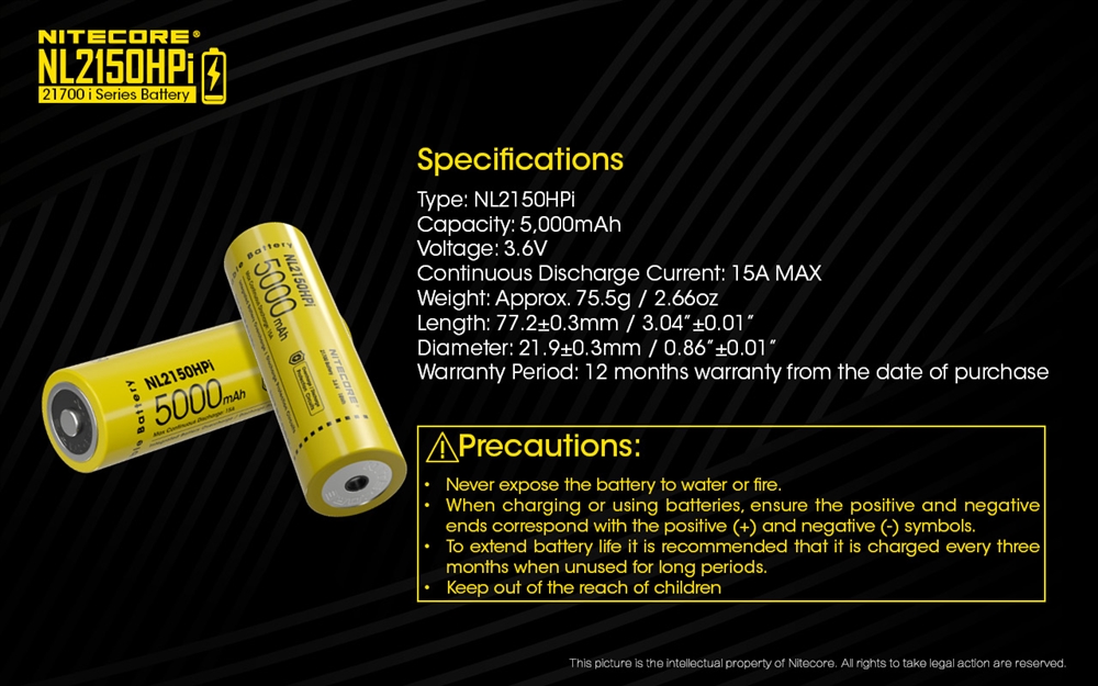 Battery: Nitecore NL2150HPi, Rechargeable 27100 Li-ion, 3.6V 5000mAh, Discharge current max 15A