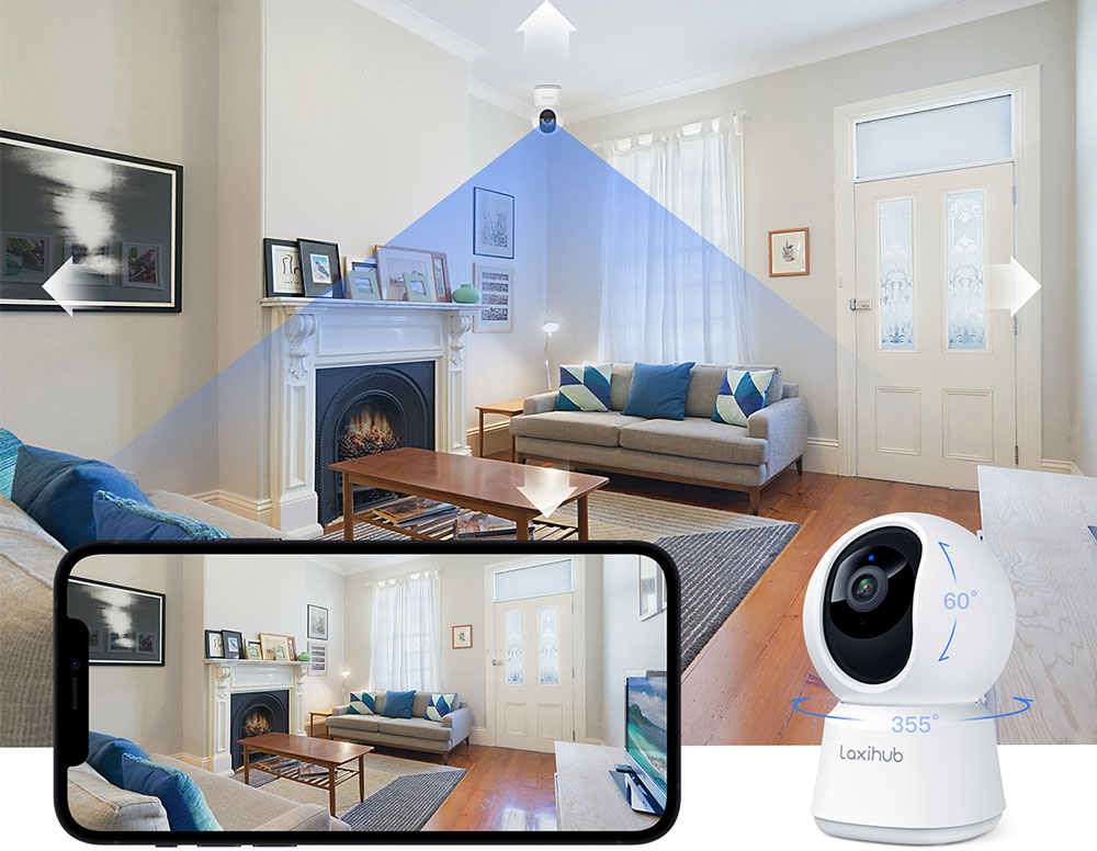 Smart Home Camera: Laxihub P2, Pan Tilt Zoom PTZ Camera, 2K resolution, Indoor, Wi-Fi, Mic & Speaker, Nightvision 10m, Motion Detect