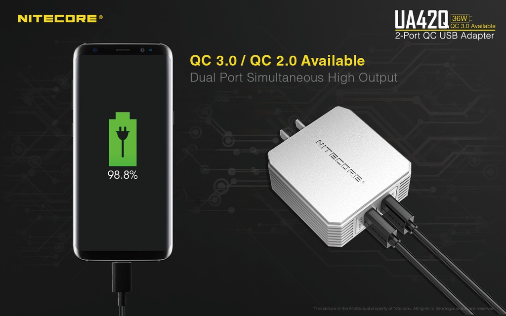 Battery Charger: Nitecore UA42Q, 2-Port Quick Charge USB Adapter, 36W