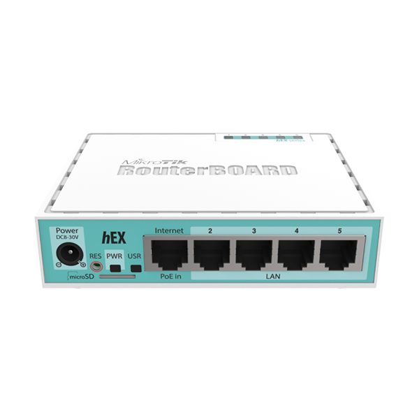 Router: Mikrotik hEX Ethernet Router, 5xGE, USB, Dual Core 880MHz CPU, 256MB RAM