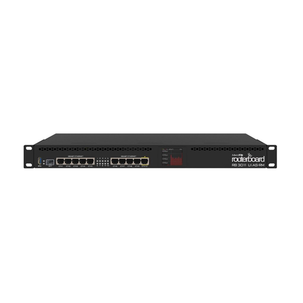 Router: Mikrotik RB3011UiAS-RM Ethernet Router, 10xGE, SFP, USB 3.0, PoE out on port 10, Dual core 1.4GHz CPU, 1GB RAM