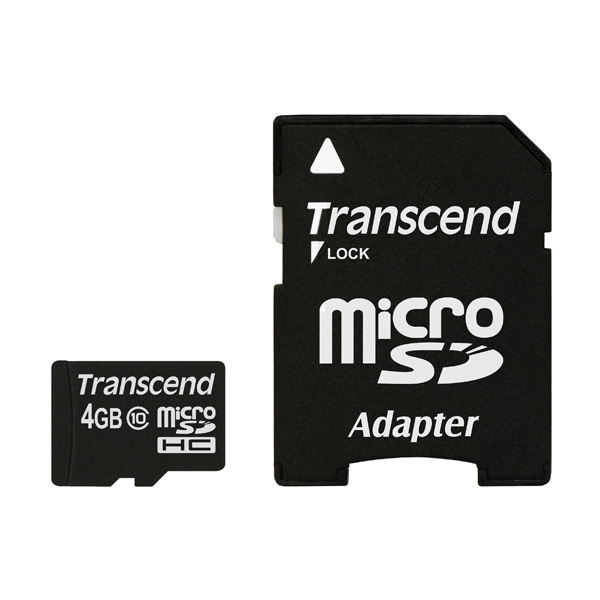 Memory Card: Transcend 4GB, Micro SDHC Class 10, with Adapter